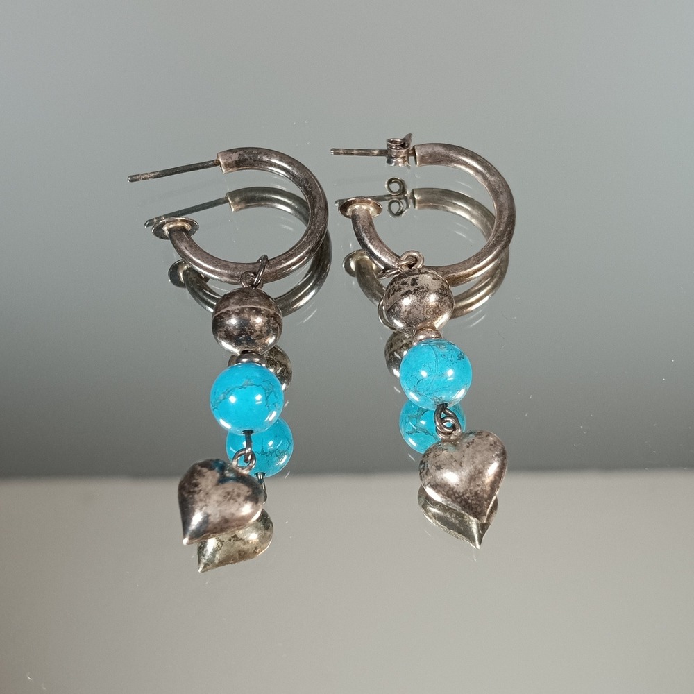 Silver Tone Hoop Earrings with Turquoise Beads and Heart Charms Dangle